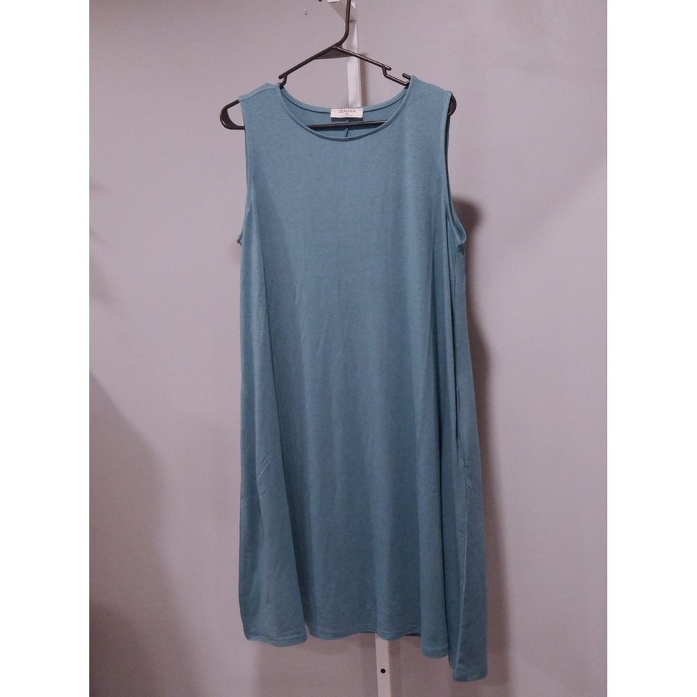 NWOT Zenana Size 1X Teal A-line Pullover Knit Shift Dress Pockets Soft Feel